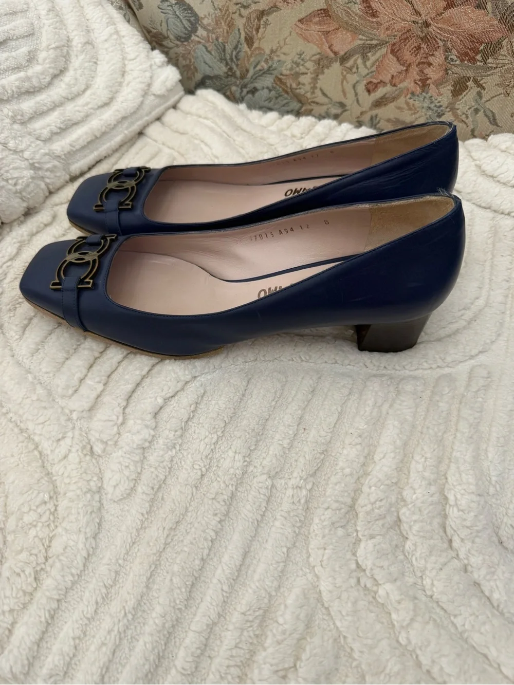 Salvatore Ferragamo Navy Leather Square-Toe Flats with Gold Logo